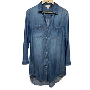 Cloth & Stone Tencel Shirt Dress Womens Small Blue Raw Hem Relaxed Vacation
